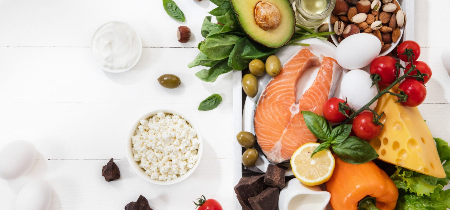 Ketogenic low carbs diet – food selection on white background weight control